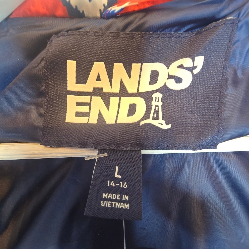 Lands' End Down Puffer Vest Women Sz Large Fair Isle Chevron Aztec Cozy Outdoors - Picture 9 of 15